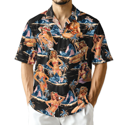 Netecom Tropical Pinup Girl Black Hawaiian Shirt for Men Women, Beautiful Girl Button Down Summer Beach Shirts