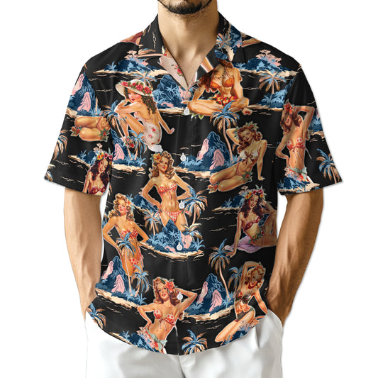 Netecom Tropical Pinup Girl Black Hawaiian Shirt for Men Women, Beautiful Girl Button Down Summer Beach Shirts