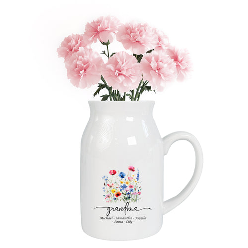 Netecom Personalized Ceramic Jug Vase with Custom Title and Names, Perfect Gift for Grandma, Mother’s Day, or Family Occasions