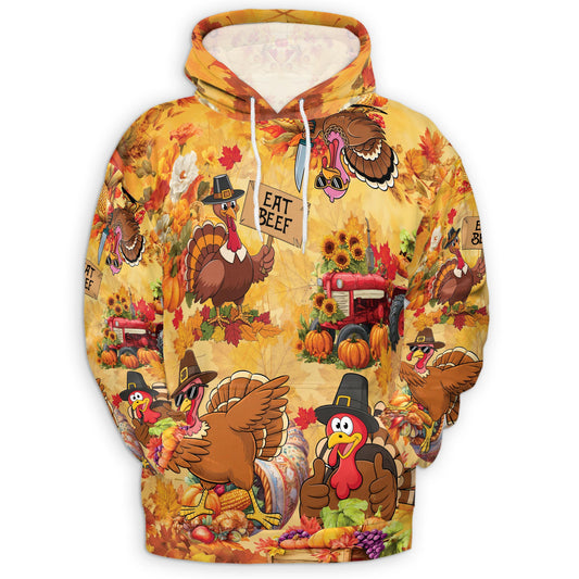 Netecom Funny Thanksgiving Turkey 3D Hoodie with Front Pocket, Unisex Casual All Over Eat Beef Graphic Sweatshirt
