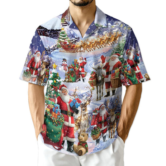 Netecom Santa Claus Snowy Christmas Village Hawaiian Shirt, Holiday Print Button Down Summer Beach Short Sleeve Shirt, S-5XL