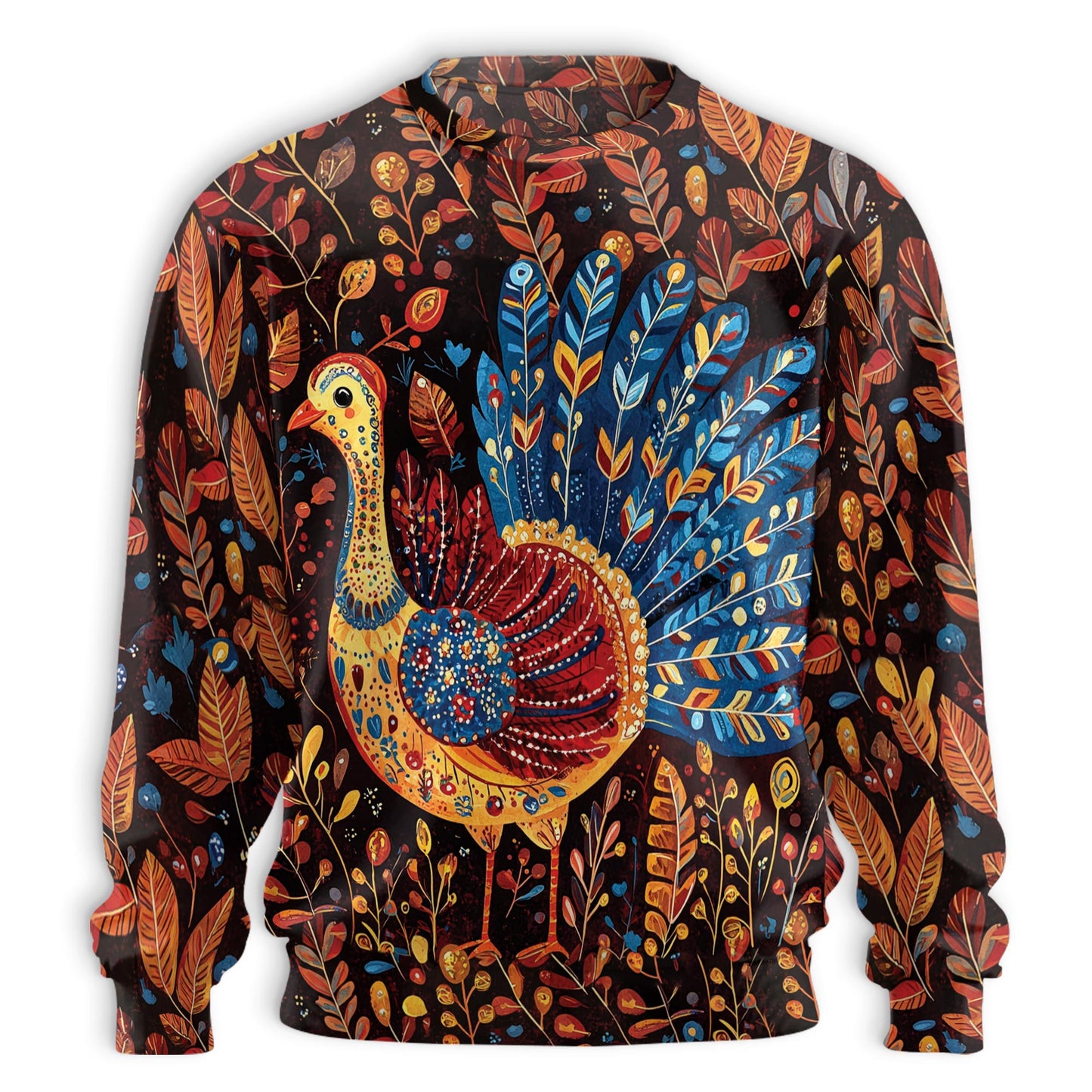 Netecom Folk Art Turkey Thanksgiving Sweatshirt 3D All Over Print, Autumn Holiday Outfit, Crewneck Pullover for Costume Party