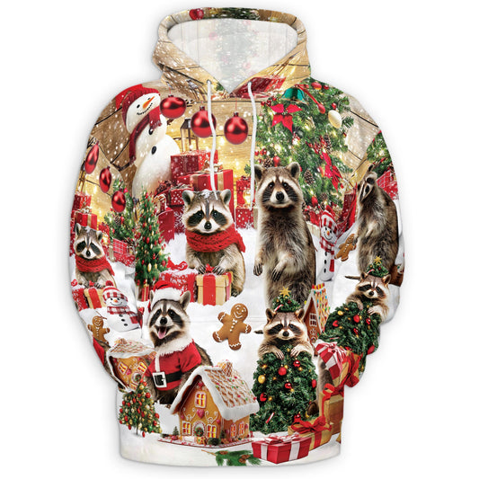 Netecom Christmas Raccoon Print Hoodie with Front Pocket, All Over Cute Animal Holiday Graphic Sweatshirt Unisex Casual