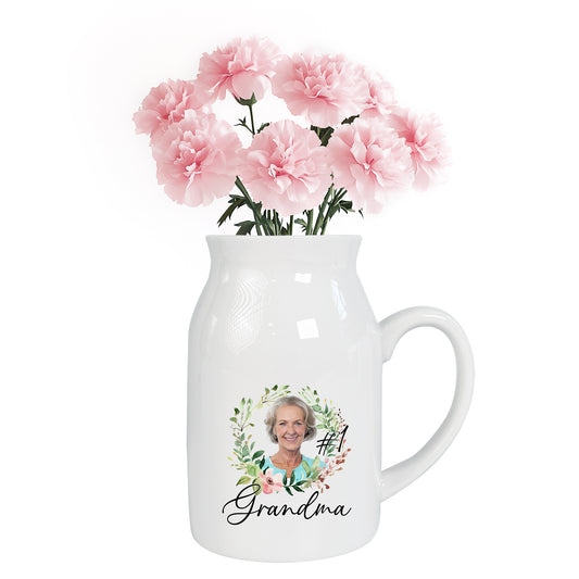 Netecom Personalized Ceramic Jug Vase with Custom Photo and Text, Unique Gift for Grandma, Mother’s Day, or Birthday