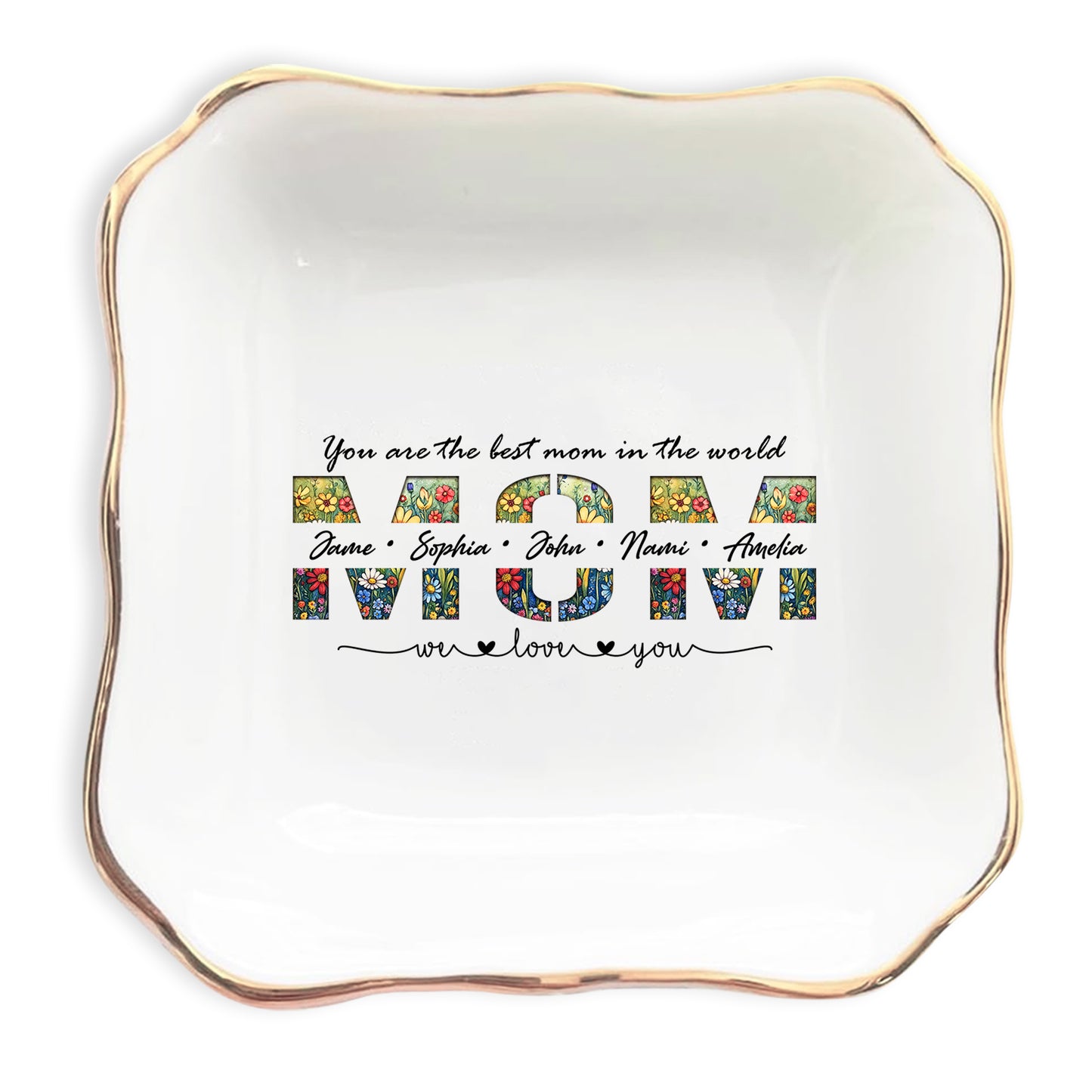Netecom Elegant Floral "MOM" Ring Holder with Personalized Kids Names, Ideal Gift for Grandma or Mother's Day