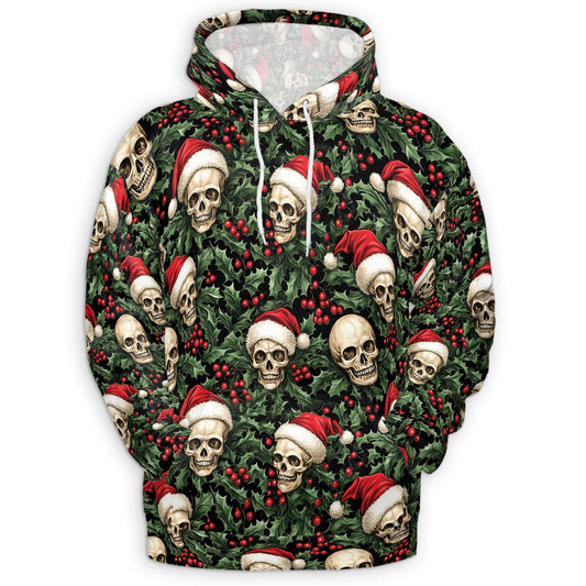 Netecom Skull Santa Hat Christmas Print Hoodie with Front Pocket, All Over Gothic Graphic Sweatshirt Unisex Casual