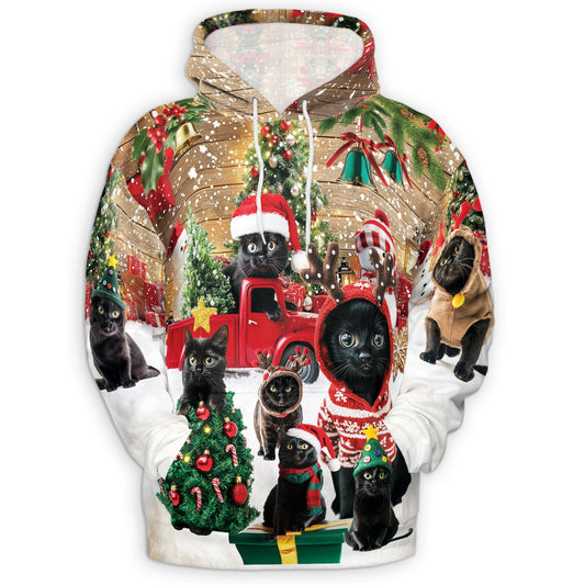 Netecom Black Cat Christmas 3D Hoodie with Front Pocket, Unisex Casual All Over Funny Kitten Graphic Sweatshirt