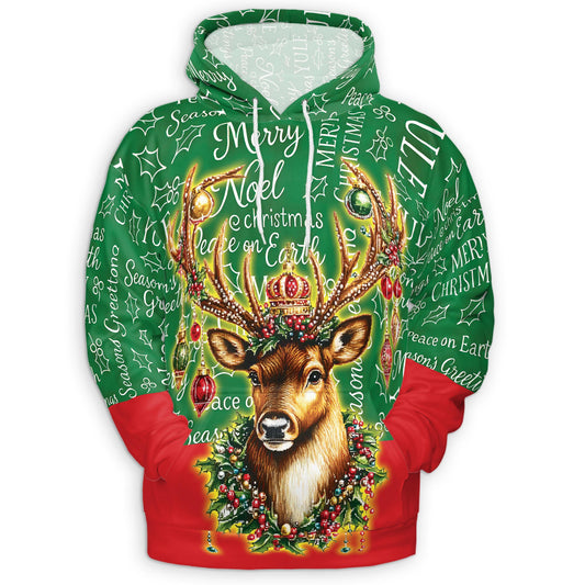 Netecom Reindeer Christmas 3D Hoodie with Front Pocket, Unisex Casual All Over Funny Holiday Graphic Sweatshirt
