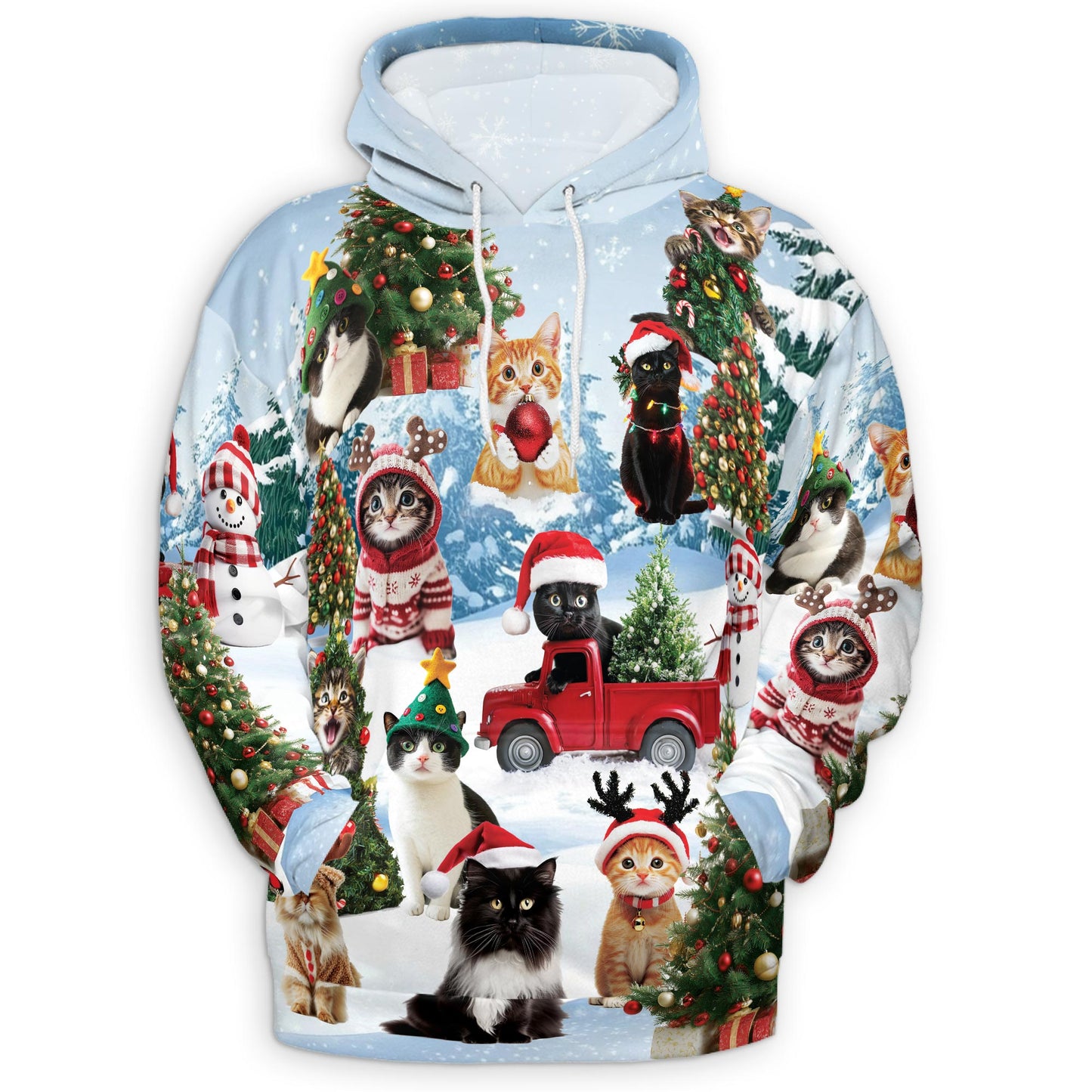 Netecom Cat Christmas Santa Print Hoodie with Front Pocket, Cat Lover Gift, All Over Graphic Animal Sweatshirt Unisex Casual