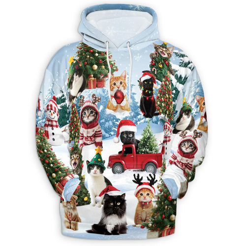 Netecom Cat Christmas Santa Print Hoodie with Front Pocket, Cat Lover Gift, All Over Graphic Animal Sweatshirt Unisex Casual