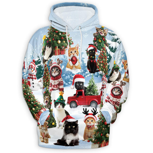 Netecom Cat Christmas Santa Print Hoodie with Front Pocket, Cat Lover Gift, All Over Graphic Animal Sweatshirt Unisex Casual