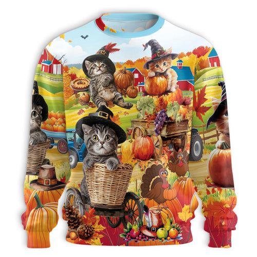 Netecom Thanksgiving Cat Autumn Sweatshirt 3D All Over Print, Fall Farm Harvest Design, Crewneck Pullover for Costume Party