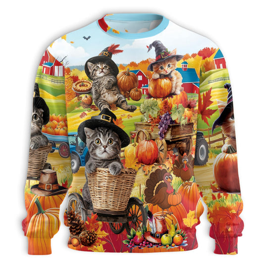 Netecom Thanksgiving Cat Autumn Sweatshirt 3D All Over Print, Fall Farm Harvest Design, Crewneck Pullover for Costume Party