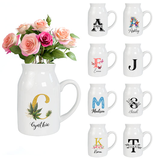 Netecom Personalized Ceramic Flower Pitcher with Gold Initial, Timeless Farmhouse Decor Gift for Mother’s Day, Anniversary, or Christmas