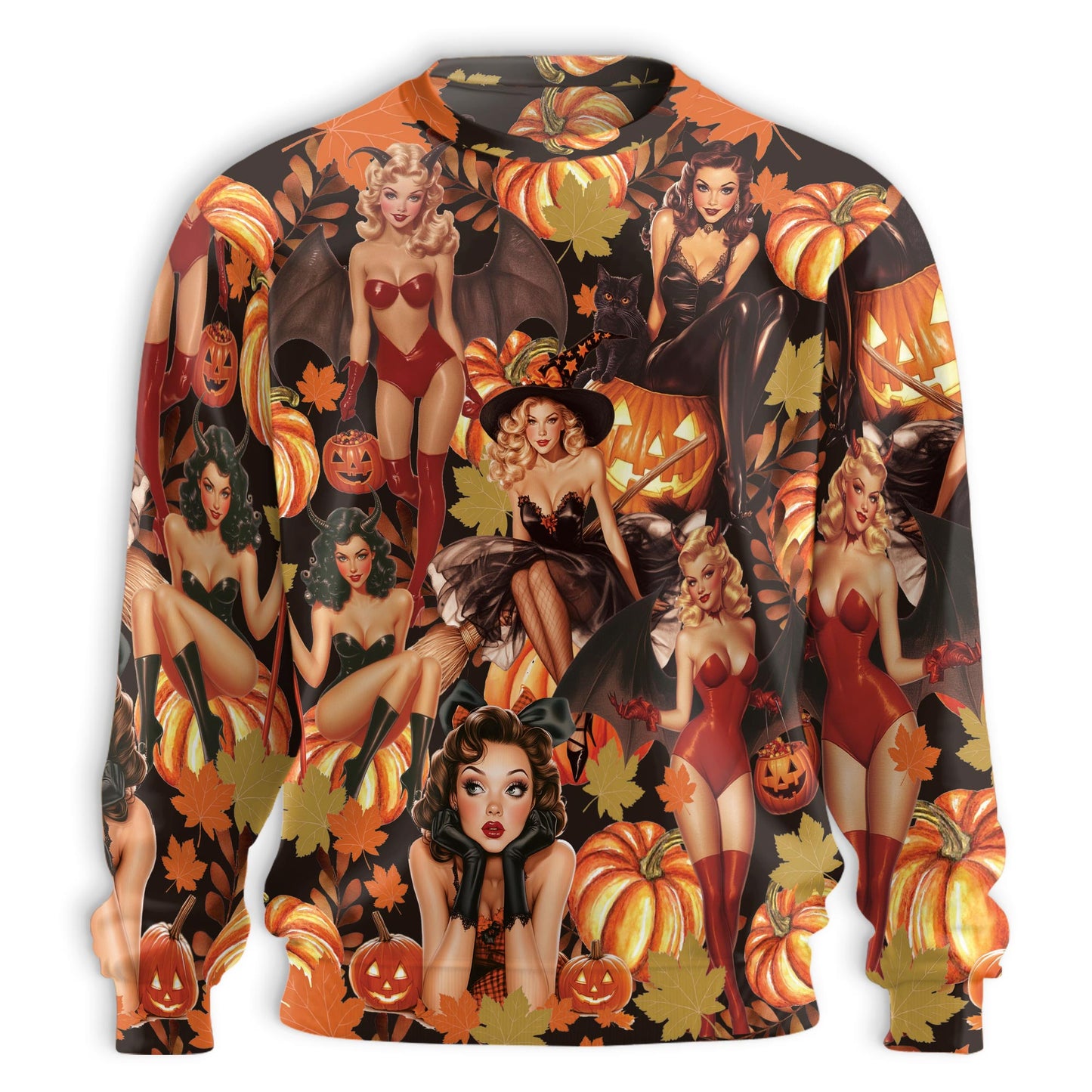 Netecom Halloween Pin Up Girl Pumpkin Sweatshirt 3D All Over Print, Retro Spooky Outfit, Crewneck Pullover for Costume Party