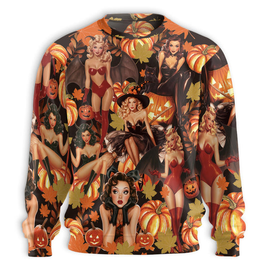 Netecom Halloween Pin Up Girl Pumpkin Sweatshirt 3D All Over Print, Retro Spooky Outfit, Crewneck Pullover for Costume Party