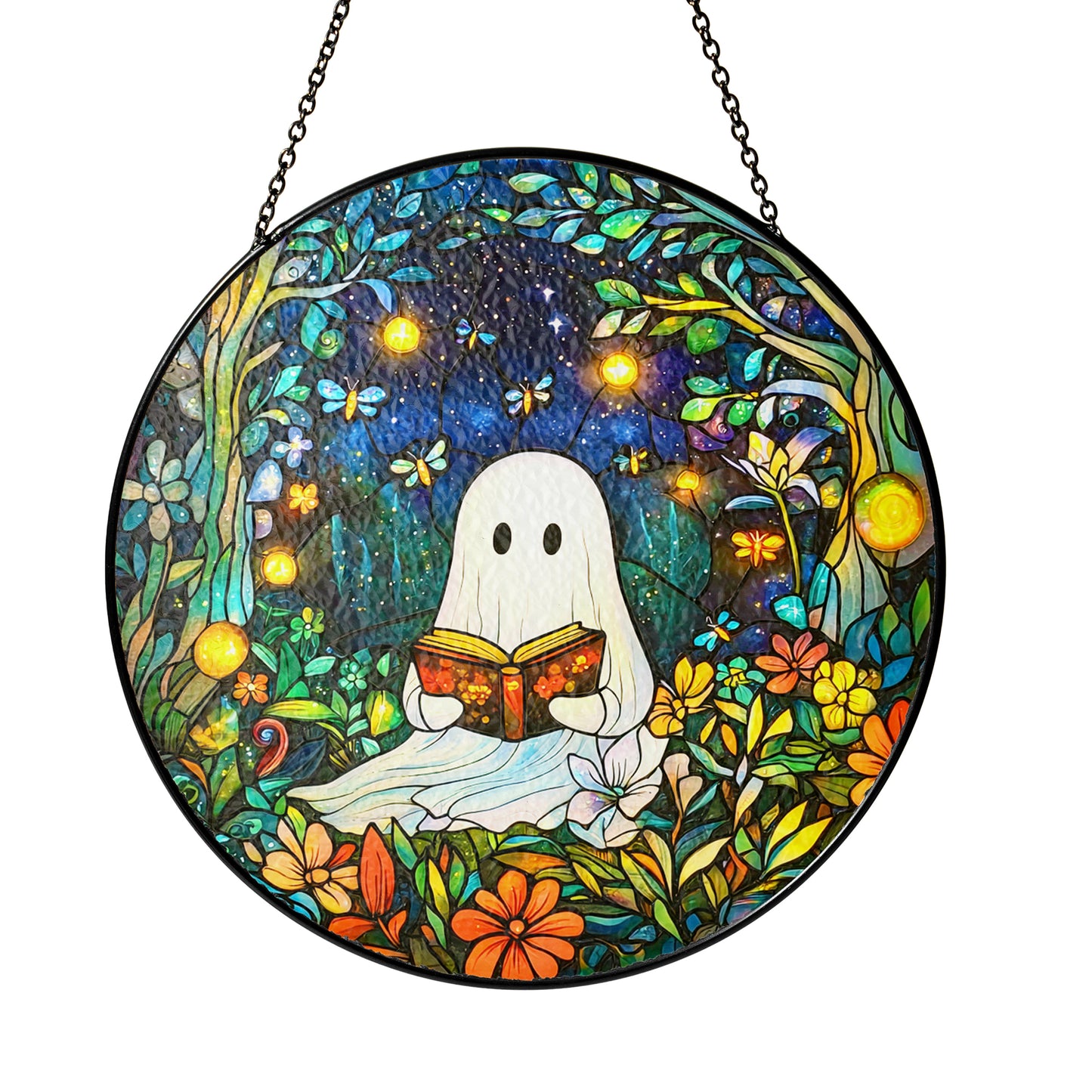 Netecom Reading Ghost in Forest Stained Glass Suncatcher, Firefly Night Window Hanging, Whimsical Glass Decor, Unique Gift for Book Lovers and Cozy Home Accent