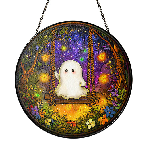 Netecom Waving Ghost on Swing Stained Glass Suncatcher, Enchanted Forest Window Hanging, Cute Halloween Decor, Unique Gift for Mystical Home Accent