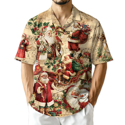 Netecom Vintage Santa Claus Christmas Hawaiian Shirt, Musical Holiday Button Down Summer Beach Short Sleeve Shirt, S-5XL