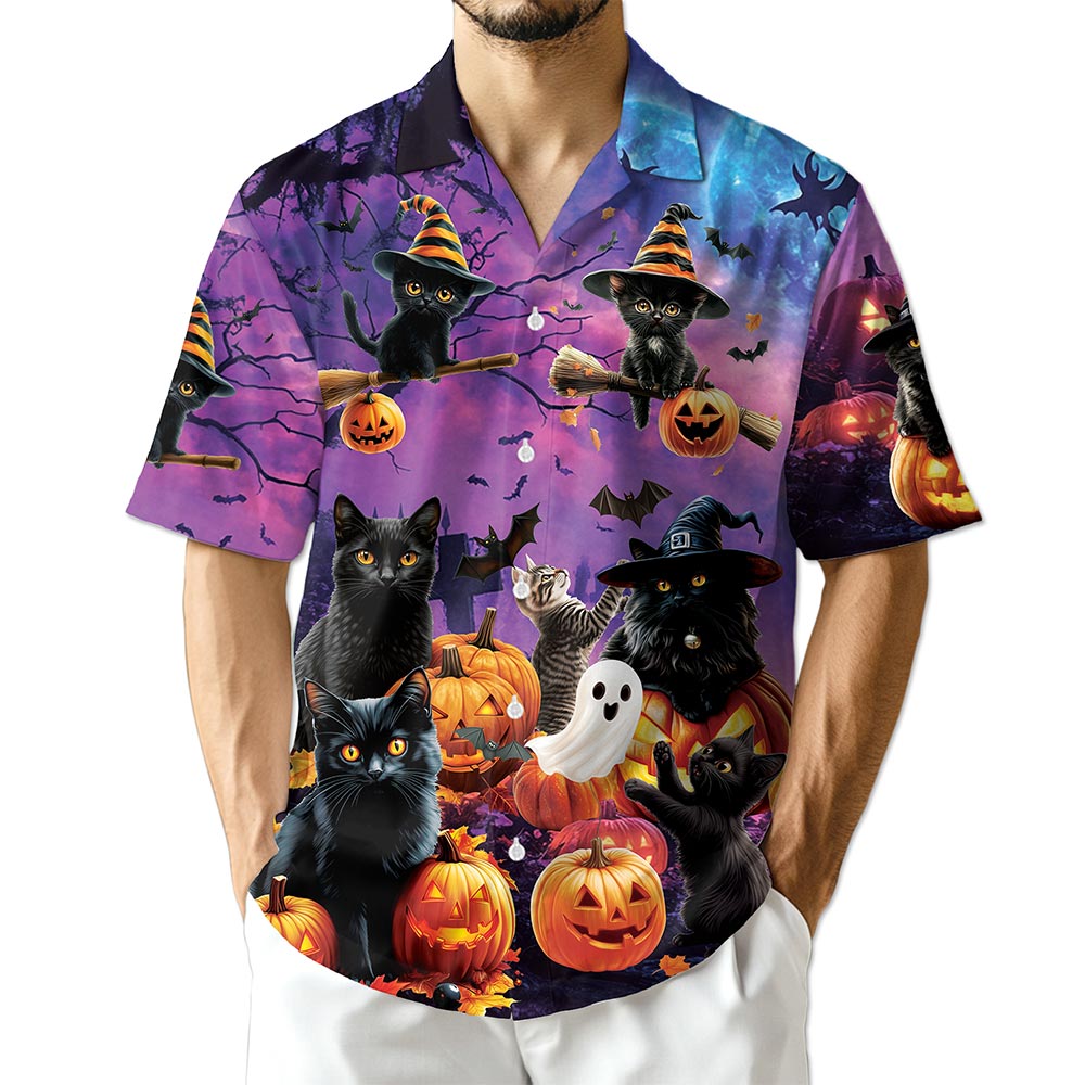 Netecom Black Cat Pumpkin Hawaiian Shirt for Men, Halloween Present, Animal Ghost Button Down Summer Short Shirts, S-5XL