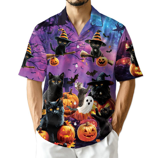 Netecom Black Cat Pumpkin Hawaiian Shirt for Men, Halloween Present, Animal Ghost Button Down Summer Short Shirts, S-5XL
