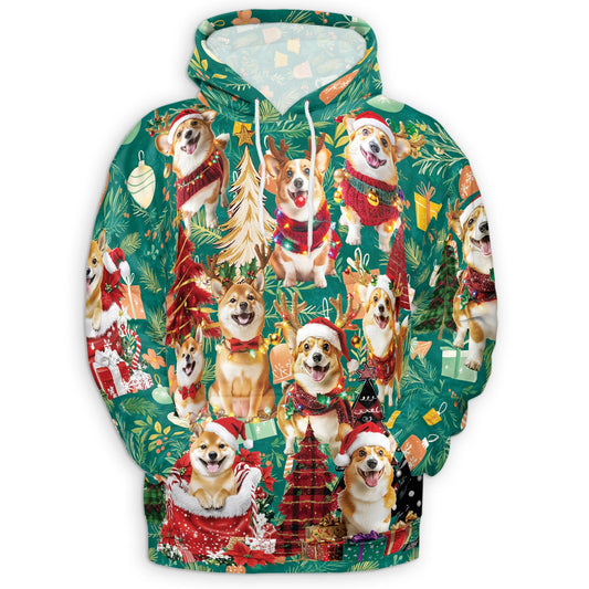 Netecom Christmas Corgi Print Hoodie with Front Pocket, All Over Cute Dog Lover Graphic Sweatshirt Unisex Casual