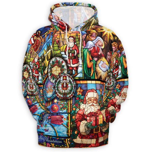 Netecom Christmas Stained Glass 3D Hoodie with Front Pocket, Unisex Casual All Over Nativity Scene Graphic Sweatshirt