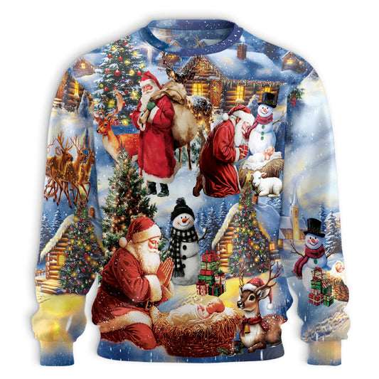 Netecom Christmas Santa Clause Sweatshirt 3D All Over Print, Nativity Scenes Design, Crewneck Pullover for Costume Party
