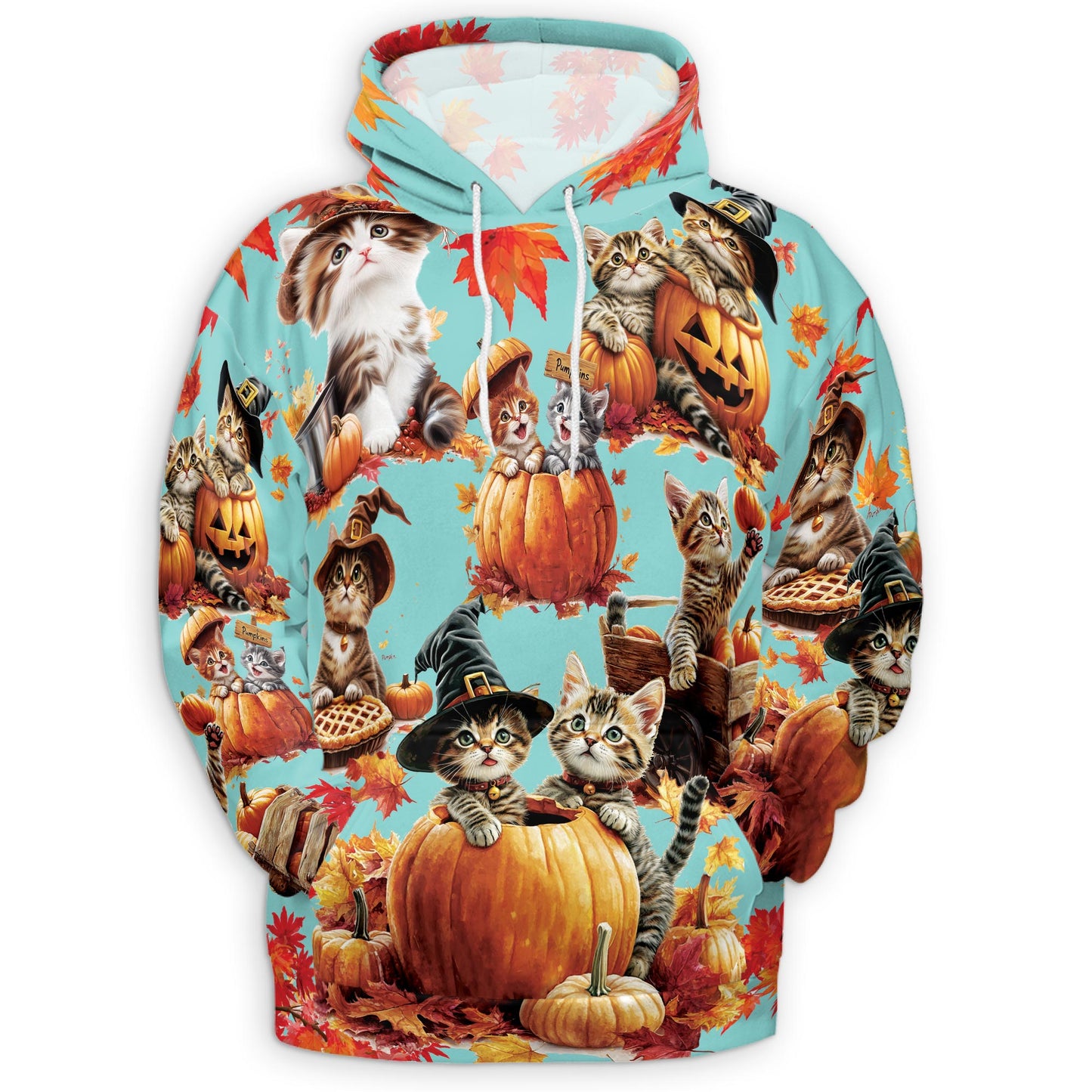 Netecom Cat Pumpkin Print Hoodie with Front Pocket, All Over Cute Kitten Halloween Holiday Graphic Sweatshirt Unisex Casual