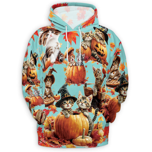 Netecom Cat Pumpkin Print Hoodie with Front Pocket, All Over Cute Kitten Halloween Holiday Graphic Sweatshirt Unisex Casual