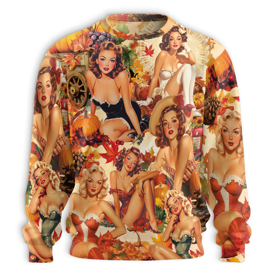 Netecom Vintage Pin Up Girl Thanksgiving Sweatshirt 3D All Over Print, Retro Autumn Style, Crewneck Pullover for Costume Party