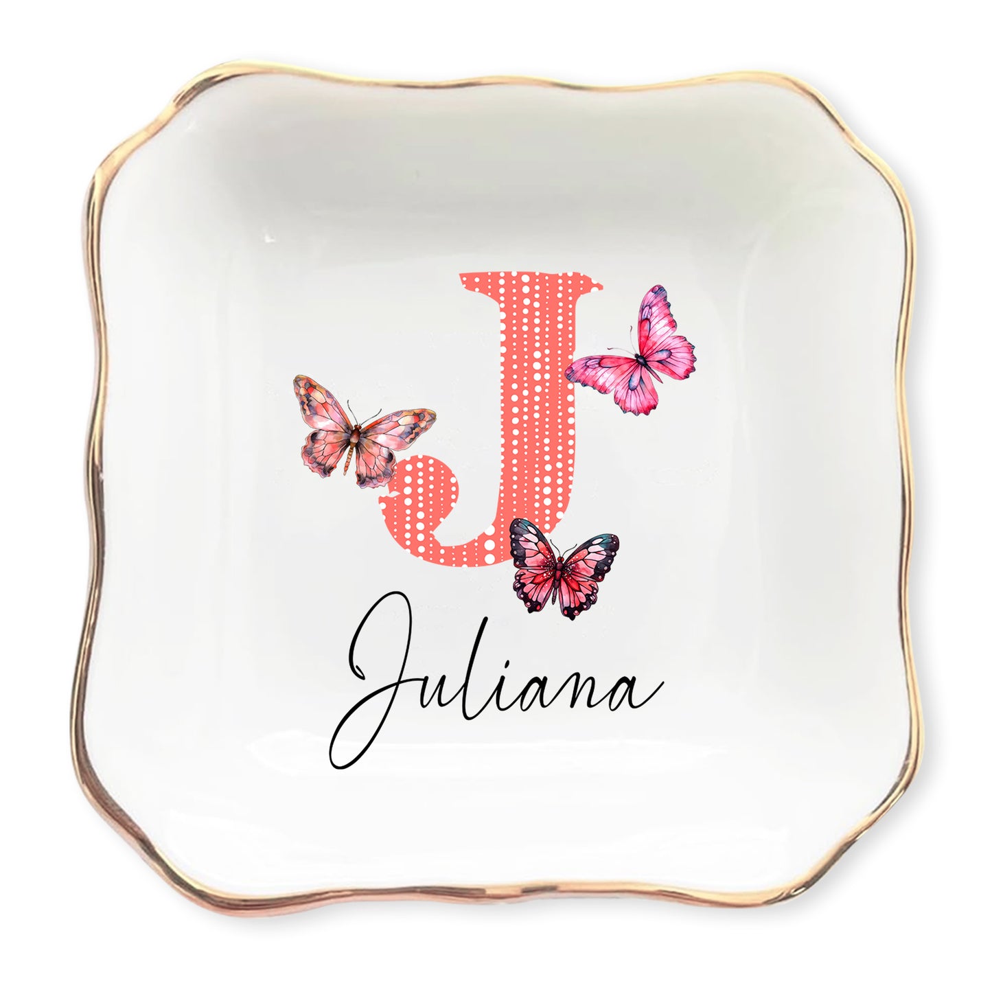 Netecom Personalized Ceramic Jewelry Tray with Initials and Floral Design, Ideal Gift for Weddings, Birthdays, or Family Occasions