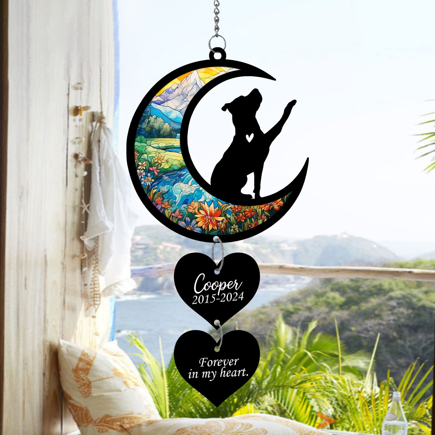 Netecom Personalized Pitbull Moon Heart Memorial Suncatcher – Dog Loss Gift, Pet Remembrance Keepsake