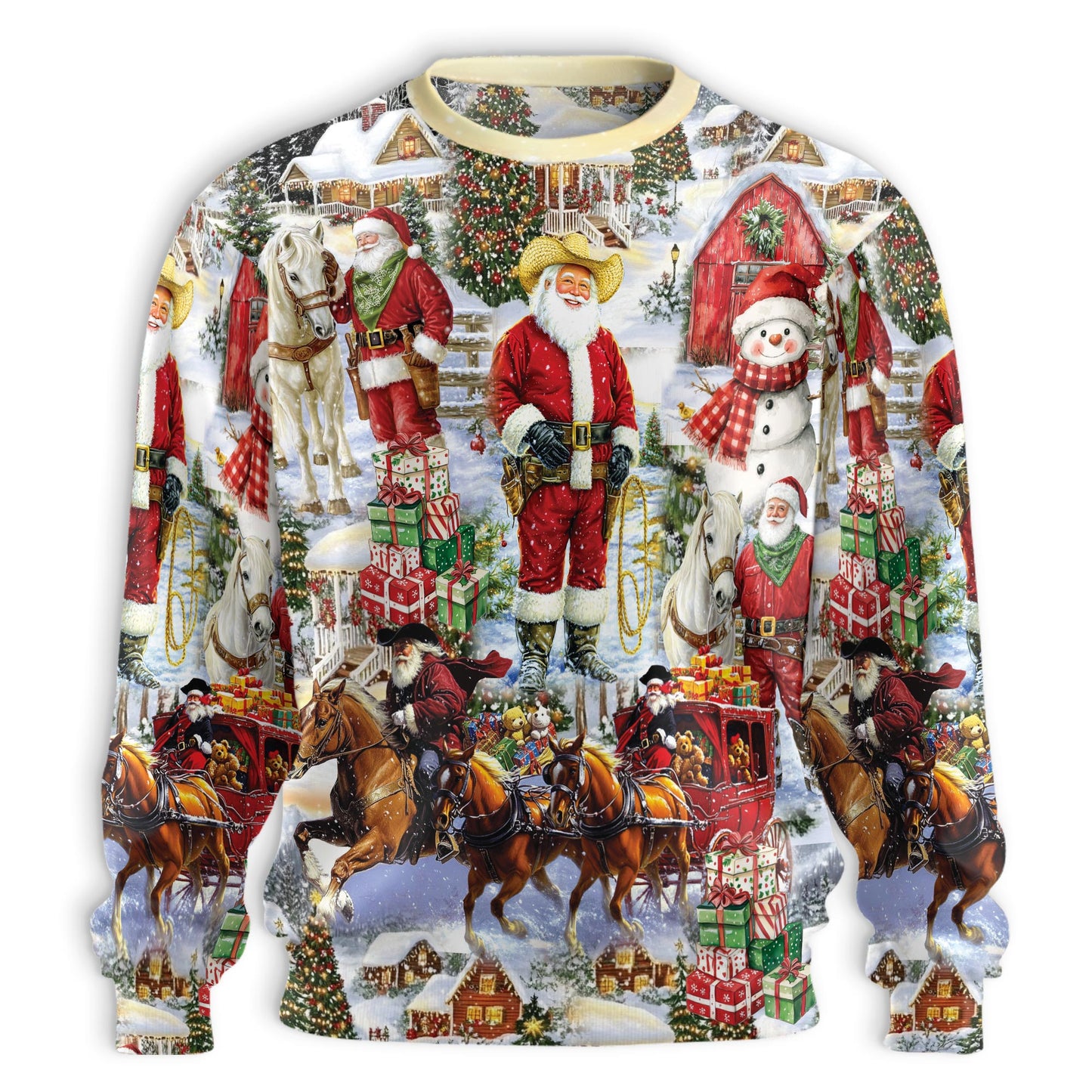 Netecom Retro Cowboy Santa Christmas Sweatshirt 3D All Over Print – Unisex Crewneck Pullover, Lightweight Fleece Casual Outfit
