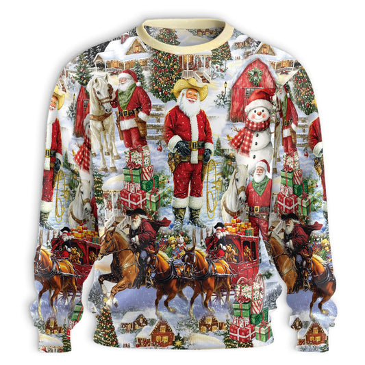 Netecom Retro Cowboy Santa Christmas Sweatshirt 3D All Over Print – Unisex Crewneck Pullover, Lightweight Fleece Casual Outfit