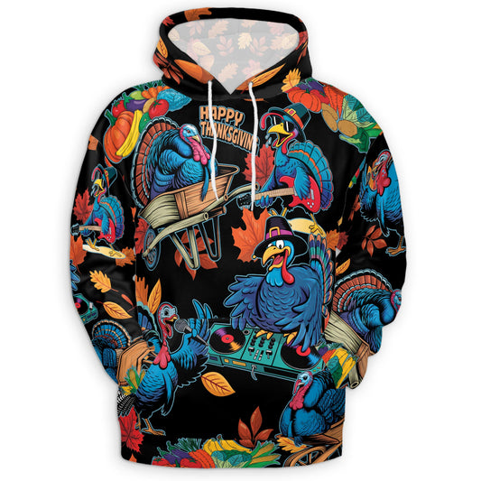 Netecom Happy Turkey Day Print Hoodie with Front Pocket, All Over Thanksgiving Turkey Music Graphic Sweatshirt Unisex Casual