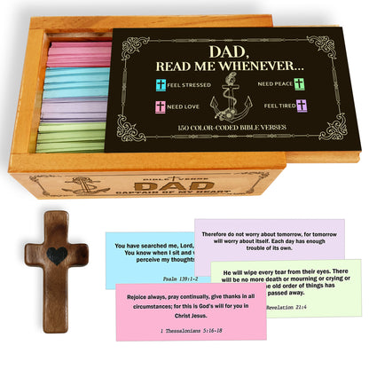 Dad Bible Verses Wooden Box with Walnut Cross – 150 Color-Coded Christian Scriptures for Peace, Love, Strength & Encouragement – Perfect Gift for Fathers