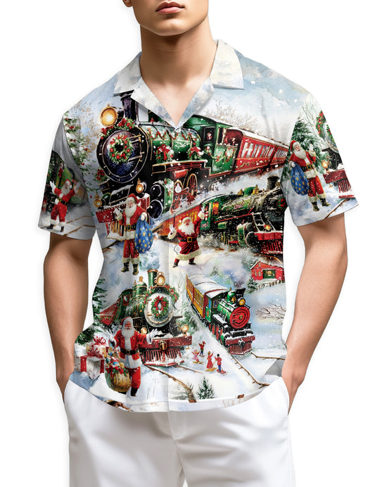 Netecom Christmas Train Hawaiian Shirt for Men, Vintage Santa Claus Winter Print Button Down Summer Beach Shirts