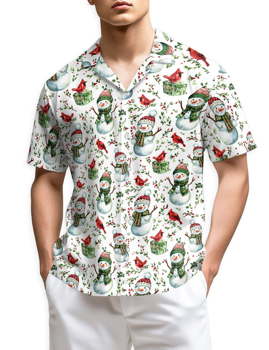 Netecom Snowman and Red Cardinal Christmas Hawaiian Shirt for Men, Cute Holiday Button Down Summer Beach Shirts, S-5XL