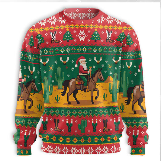 Netecom Western Cowboy Santa Christmas Sweatshirt 3D All Over Print, Horse Cactus Design, Crewneck Pullover for Costume Party