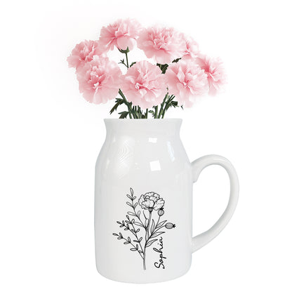 Netecom Personalized Birth Month Flower Pitcher Vase, Botanical Ceramic Jug with Custom Name, Meaningful Gift for Christmas, Mother’s Day, or Anniversary