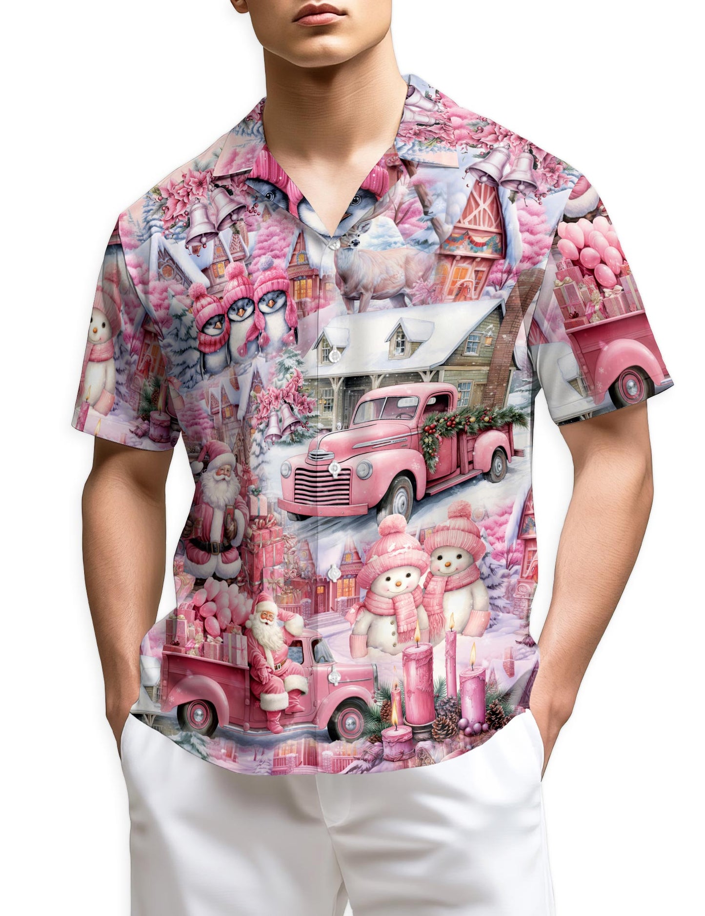 Netecom Pink Christmas Santa Claus Hawaiian Shirt for Men, Cute Holiday Village Print Button Down Summer Beach Shirt, S-5XL