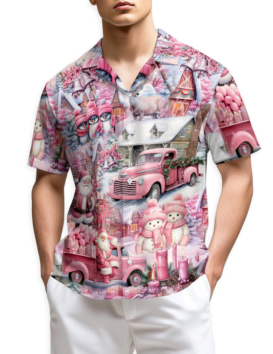 Netecom Pink Christmas Santa Claus Hawaiian Shirt for Men, Cute Holiday Village Print Button Down Summer Beach Shirt, S-5XL