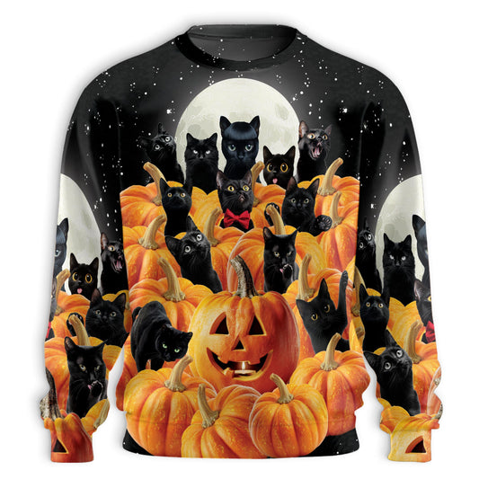 Netecom Halloween Black Cat Pumpkin Sweatshirt 3D All Over Print, Full Moon Spooky Outfit, Crewneck Pullover for Costume Party