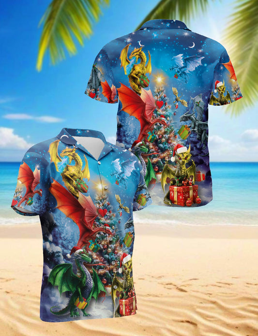 Netecom Christmas Dragons Hawaiian Shirt for Men Women, Fantasy Dragon Button Down Summer Short Sleeve Shirts, S-5XL