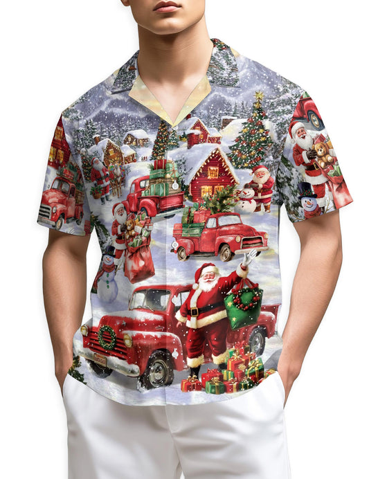 Netecom Christmas Red Truck Hawaiian Shirt for Men Women, Santa Claus Snow Button Down Beach Short Sleeve Shirts, S-5XL
