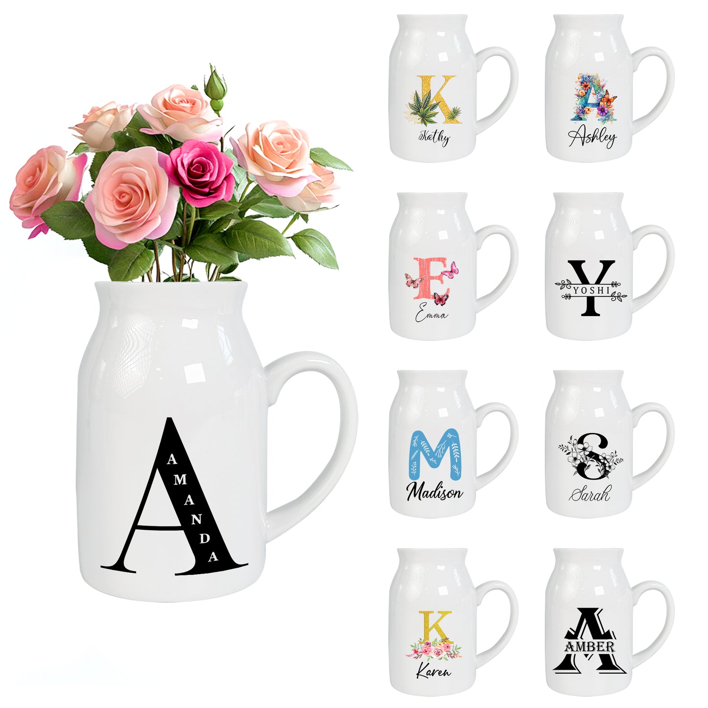 Netecom Personalized Ceramic Pitcher Vase with Custom Gold Floral Letter and Name, Elegant Home Decor Gift for Christmas, Mother’s Day, or Housewarming