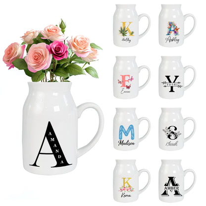 Netecom Personalized Ceramic Pitcher Vase with Custom Gold Floral Letter and Name, Elegant Home Decor Gift for Christmas, Mother’s Day, or Housewarming