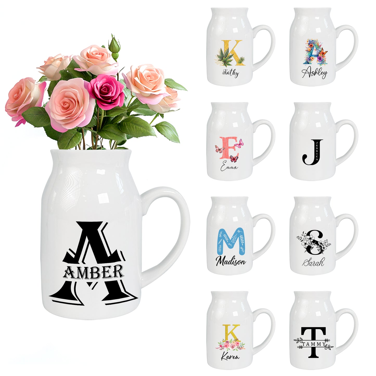 Netecom Gold Letter Monogram Ceramic Vase with Custom Name, Charming Floral Jug for Holiday Home Décor and Gift Giving