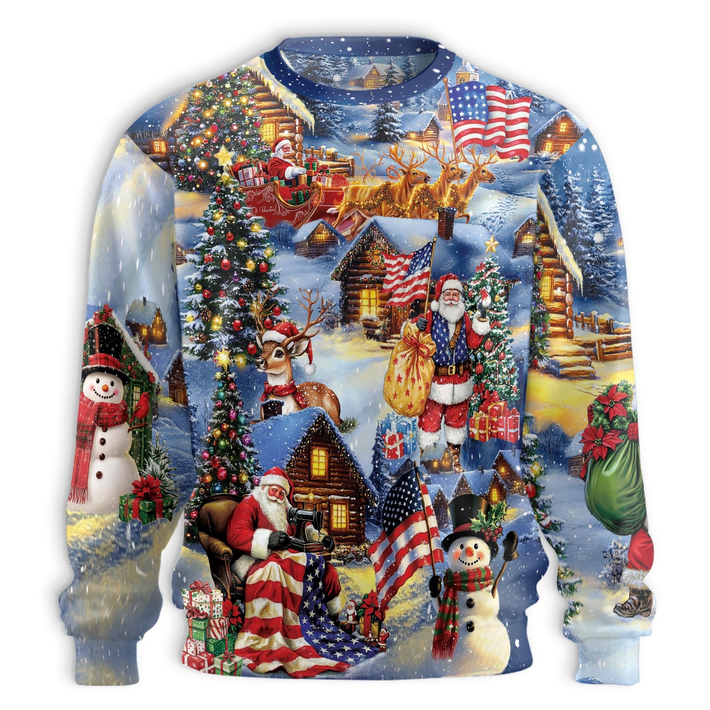 Netecom Patriotic Santa Christmas Sweatshirt 3D All Over Print, Cozy Holiday Scene Design, Crewneck Pullover for Costume Party